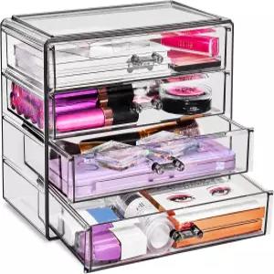 소버스 메이크업 오거나이저 - 4 서랍 아크릴 및 화장품 주얼리 뷰티 용품 베니티를 위한 클리어 걸스 룸
