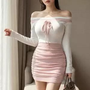 [다잇템] 여자 바디콘 골지 잔주름 라인강조 슬림핏 쁘띠 볼드숄더 원피스_24720603_588872