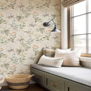 빈티지 꽃 껍질과 스틱 벽지 베이지 접촉 종이 야생화 식물 자체 접착 벽 이동식