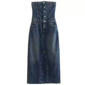 레트로 여성 튜브탑 원피스 롱 데님 오프숄더 빈티지 슬림 점프수