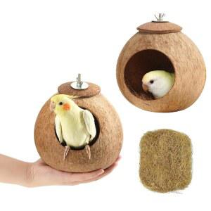 새장 천연 코코넛 껍질 새를 위한 새 둥지 집 2팩 잉꼬 가죽 번식 오두막 액세서리 및 앵무새 사랑새를 장식 햄스터 장난감 버디 코카티엘 코누어 핀치 카나리아