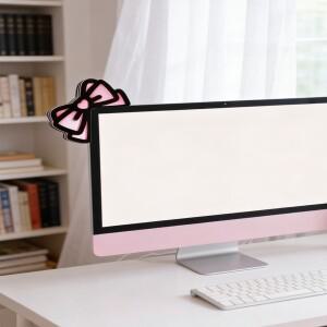 귀여운 컴퓨터 모니터 장식 핑크 리본 고양이 귀 모양 데스크탑 PC 노트북, 방 책상 소녀 선물