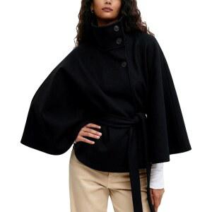 OPCAKM 여성 크롭 케이프 완두콩 벨트 칼라 겨울 재킷 오버사이즈 배트윙 폰초 코트 스탠드 슬리브