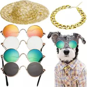 6PCS 반려견 고양이 코스튬 레트로 펫 선글라스 조절 가능한 골드 체인 칼라 밀짚 모자 강아지 소형견 생일