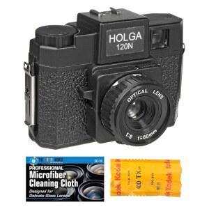 홀가 120N 중형 필름 카메라(블랙), 코닥 TX 120 번들 및 마이크로파이버 천 포함