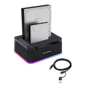 오프라인 복제 기능이 있는 듀얼 베이 RGB 하드 드라이브 도킹 스테이션, 2x20TB USB 3.0 SATA HDD/SSD 복제기 도크, UASP 및 트림 지원, 2.5/3.5인치 HDD/SSD용 플러그 앤 플레이, USB-A to C 케이블 포함