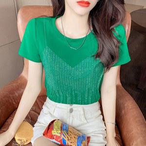 방송댄스 라인 티셔츠 반팔 댄스복 녹색 L 슬림 상의