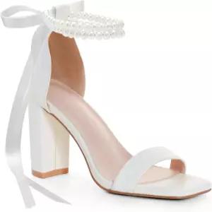 여성용 아도로즈 하이힐 웨딩 슈즈 진주 오픈 스퀘어 토 블록 보우 브라이덜 프롬 파티 드레스 힐