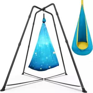 감각적인 스윙 포드 의자가 있는 스탠드 프레임 X자형 세트 금속 해먹 의자 실내외 330LBS(패턴 스타 블루)