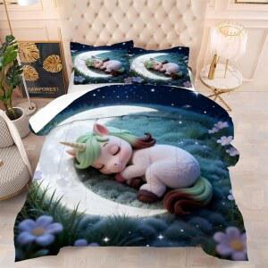 여자 남자 아이들을 위한 kxry 트윈 이불 세트 - 귀여운 잠자는 유니콘 침대 2종 아이들 달 침구 갤럭시 소프트 마이크로파이버 퀼트 소녀 꽃 사계절용