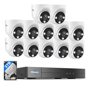 Hiseeu 16채널 3K 유선 카메라 DVR, IP67 시스템(스마트 12PCS 포함), 5MP 실외 , 감지 감시를 듀얼 3TB 24시간 기능 사람/차량 위한 16CH 연중무휴 HDD CCTV 라이트, 카메라, 오디오, 121