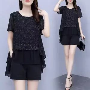 라인 댄스복 빅사이즈 쉬폰 상의 빤짝이 시스루 줌바