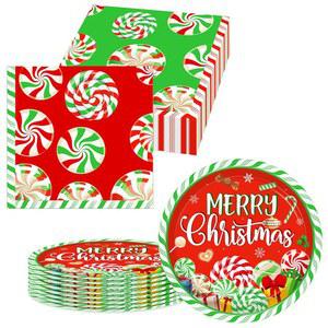 크리스마스 장식 캔디 파티 식기 페퍼민트 종이 접시 및 냅킨 세트, 홀리데이 메리 캔디랜드 용품, 20명의 손님에게 제공