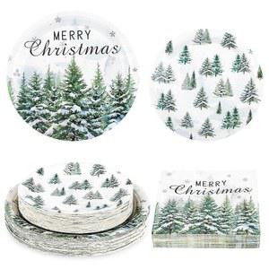 Purhapfre 150Pcs 크리스마스 종이 접시 및 냅킨 세트, 메리 그린 트리 디자인의 일회용 파티 식기, 홀리데이 식기 겨울 용품, 50인분
