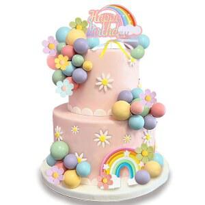 보호 그루비 생일을 맞아 데이지 플라워 파스텔 볼을 곁들인 레인보우 케이크 토퍼