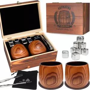 아스트라토스 불 나무 버번 음용잔 세트 - 8개의 위스키 스톤이 포함된 수제 컵 남성을 위한 훌륭한 선물