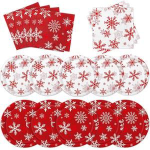 QIYANPAX 크리스마스 접시와 냅킨 50개의 눈송이 접시 세트, 디너 접시, 디저트 파티 용품용 휴일 장식 포함