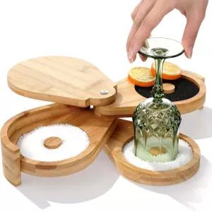 Ckhoid 대나무 마가리타 소금 리머 세트 스펀지가 포함된 3단 아카시아 우드 유리 바 설탕 상자 코크테일용