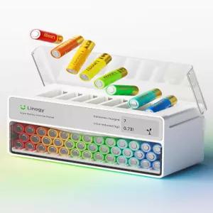 Linogy 8-슬롯 AAA 배터리 충전소 및 수납 서랍이 있는 정리함 - 리튬 NiMH NiCd용 스마트 충전기 가정