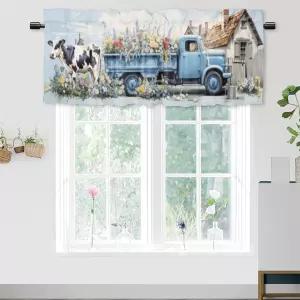 다부니우 농장 트럭 주방 밸런스 커튼 꽃이 있는 소박한 서양식 농가 귀여운 소 욕실용 창문 처리 54 x 18