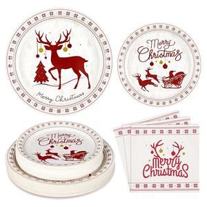 홈루 메리 크리스마스 종이 접시와 냅킨, 순록 파티 용품 장식을 위한 홀리데이 접시, 식기 세트 50명의 손님에게 제공, 모던 심플한 디자인