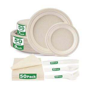 300개 퇴비화 식기 세트 - 헤비 듀티 9인치 및 7인치 접시, 냅킨 식기류로 50명의 손님에게 제공 | 생일, 크리스마스, 휴일을 위한 생분해성 사탕수수 파티 용품