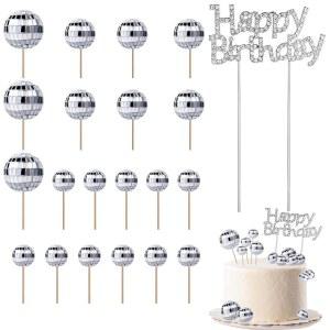알로이 생일 축하 표지판이 있는 디스코 볼 컵케이크 토퍼 20개, 다양한 사이즈의 볼케이크, 70년대 파티에서 선호하는 테마 케이크 토퍼, 스틱 포함