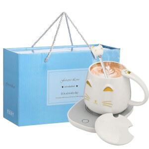 여성용 머그잔이 포함된 리얼네이브 고양이 커피 컵 워머 전기 머그 히터 온도 조절 세라믹 귀여운 사무실 발렌타인데이 생일 선물(화이트)