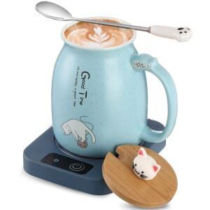 여성용 리얼네이브 커피 컵 워머와 세라믹 고양이 머그 전기 히터 귀여운 스마트 티 음료 워머, 애호가를 위한 크리스마스 새해 선물 (블루)