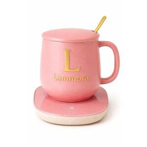 라모라 셀프 히팅 머그 세트, 세라믹 컵, 뚜껑, 스푼 & 선물 상자가 있는 책상용 13온스 핑크 커피 워머, 홈 오피스용 일정 온도의 전기 컵 애호가를 위한