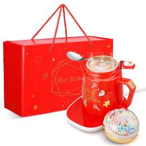 티온시 크리스마스 커피 머그 워머 선물 세트 17온스 세라믹 티컵 워머, 스푼 전기 히터 온도 조절 기능 포함 (빨간색, 글로브 뚜껑)