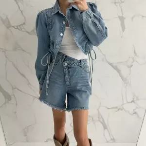 |CSJ6DEF|여성 퍼프 카라넥 스트링 셔링 크롭 청자켓 봄 투웨이