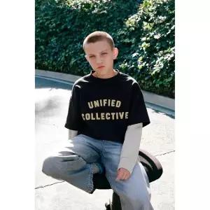 국내배송 ZARA 자라 주니어 키즈 더블 슬리브 바시티 인터록 스웨트셔츠 다크 앤트러사이트 그레이 1880762