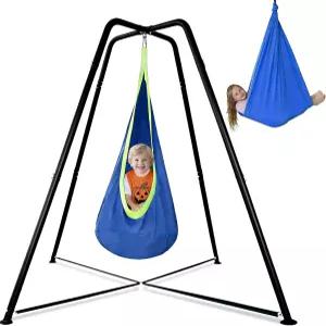 스탠드가 있는 감각적 스윙 포드 의자 및 세트 헤비 듀티 메탈 X자형 프레임 가정용 해먹 스탠드 실내 실외