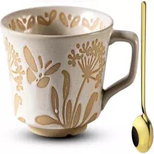 세라믹 라떼 머그컵 12온스 커피 골드 스푼 포함 - 전자레인지 손잡이 도자기 컵 모던 보호 유니크 스타일