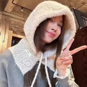 여성 겨울 후드 머플러 일체형 방한 모자 넥워머 귀도리 보온용품