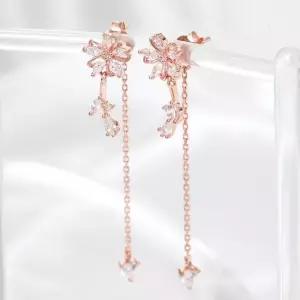 골드필드핀귀걸이 14K 골드필드 핀 큐빅 플라워 롱 드롭 일자침 귀걸이 로즈골드귀걸이