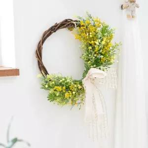 미모사 조화 꽃 리스 벽장식 안개 42cm 인테리어 벽걸이 현관 문 꾸미기 소품