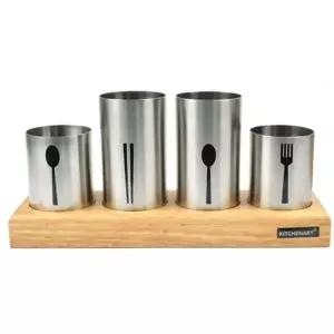 주방 수납 4구 스테인리스 커트러리 보관함 우드 트레이 수저정리대