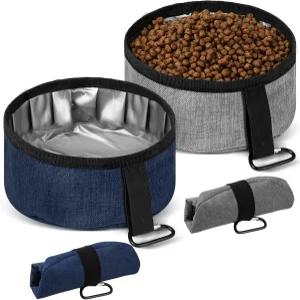 Meanplan 2팩 휴대용 개 그릇 접이식 여행용 접시 강아지 물 및 음식 애완동물 하이킹 액세서리(다크 블루