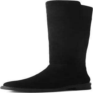 슈앤테일 여성용 무릎 하이부츠 플랫 로우 힐 스트레치 라운드 토 사이드 지퍼 포함