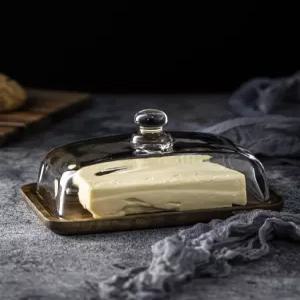 유리돔 트레이 장식 디저트 나무 간식 케이크 유리 있는 사각 접시 버터 커버가