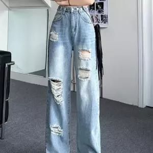 밴널스샵 바지 여성 캐주얼 빈티지 일자핏 청바지 하이웨이스트 찢어진 일자 와이드 슬리퍼 HO1