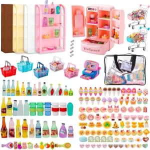 169개 미니 푸드 쇼핑 카트 장난감 미니어처 놀이 음식 음료 병 작은 바구니 슈퍼마켓 선반 냉장고 캐시