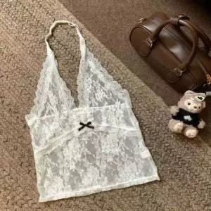 여자 홀터넥 시스루 화이트 레이스코디 크롭 이너탑