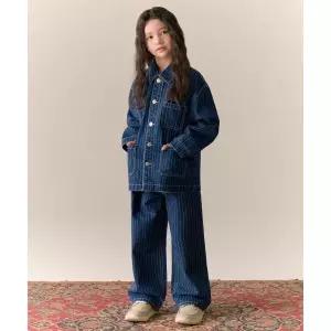 MUSINSA STANDARD KIDS 스트라이프 데님 초어 재킷  와이드 팬츠 셋업 [미디엄 인디고] 167132