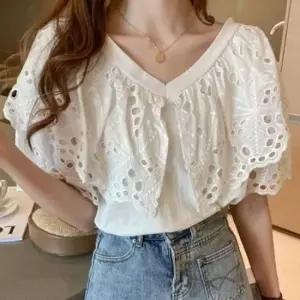 [옷은날개] 큰카라 데님 블라우스 레이스 패션 펀칭레이스블라우