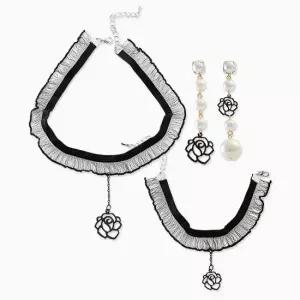 [폭스타일] (목걸이+귀걸이+팔찌) (은침) 장미 레이스 초커 세트