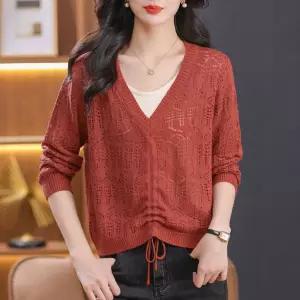 여자 롱루즈핏 티 셔츠 펀칭 브이넥 페이크투피스 니트 봄가을 얇은 루즈핏 슬리밍 BE3