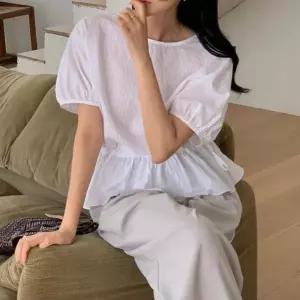 여자 벌룬소매 벨티드 반소매 볼륨핏 블라우스 (37000745A)